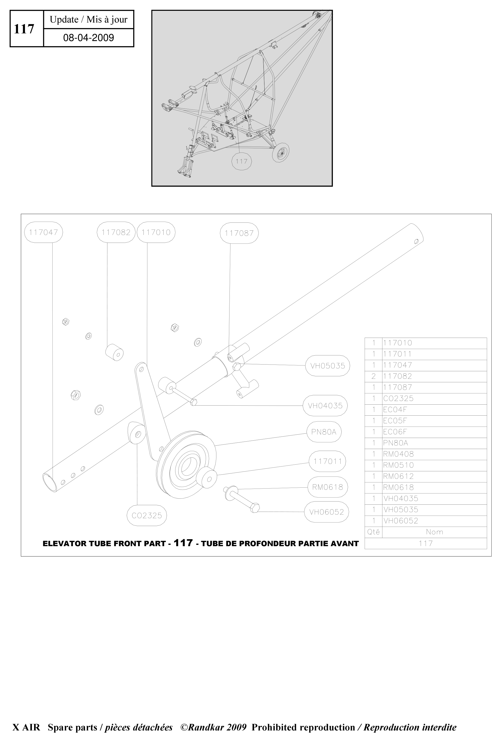 Elevator tube front part – X-Air parts diagram