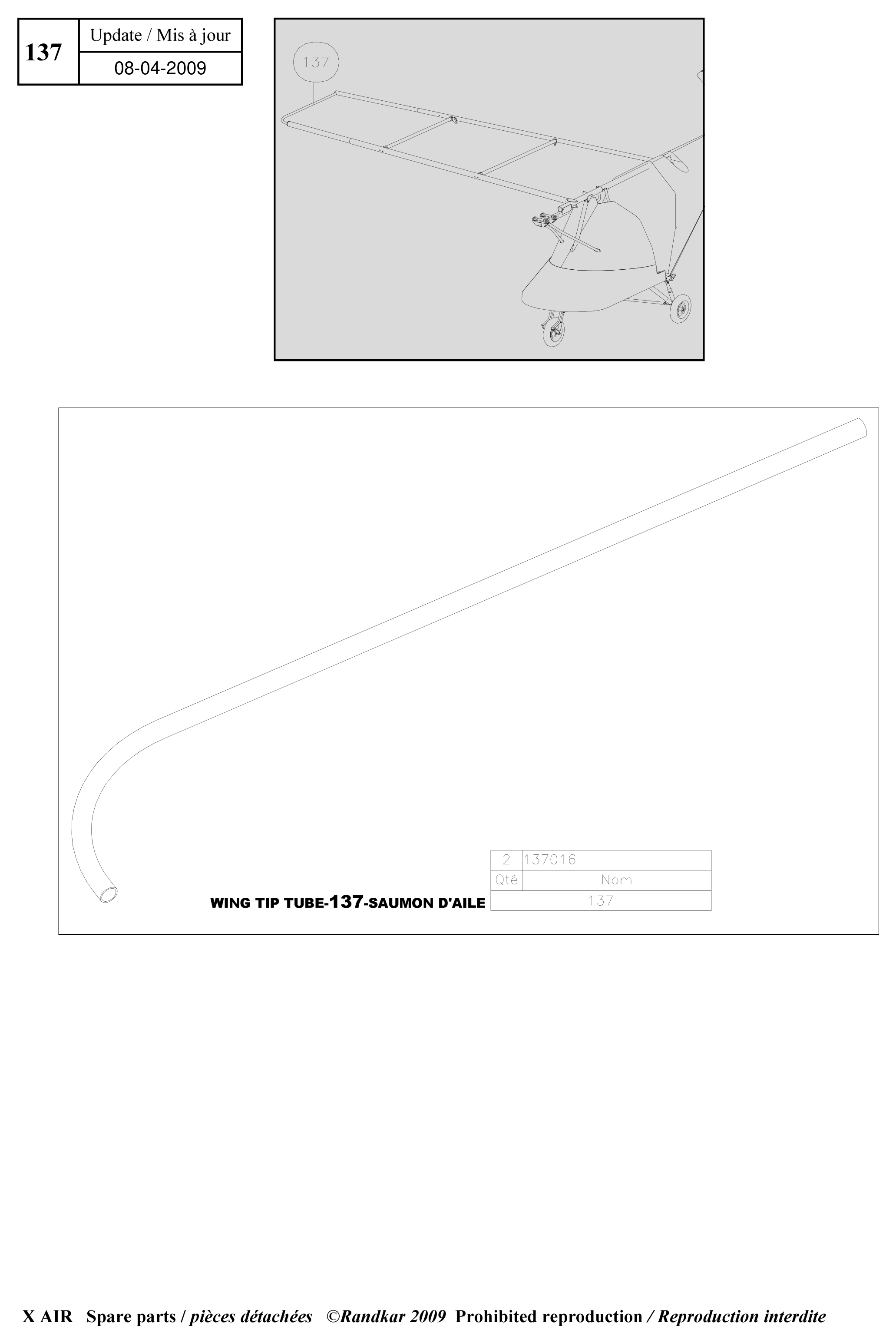 137016 – Wing tip tube (X-Air) spare part diagram